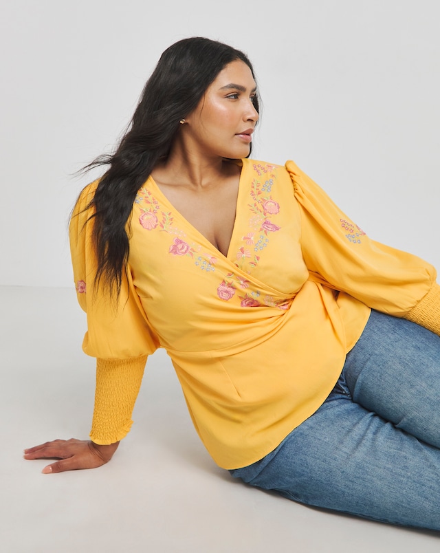 Ochre Embroidered Wrap Top