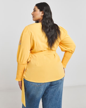 Ochre Floral Embroidered Wrap Top with Shirred Cuffs