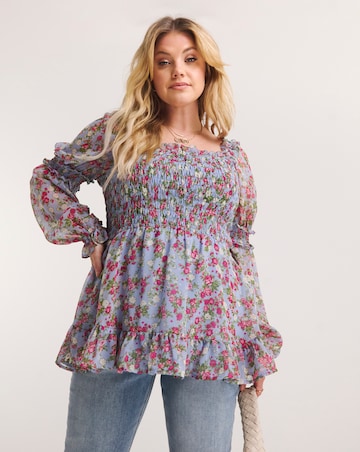 Floral Print Shirred Square Neck Peplum Blouse with Sleeve Detail