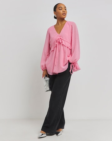 Pink Jacquard Long Sleeve V-Neck Smock Top with Frill & Tie Front Detailing