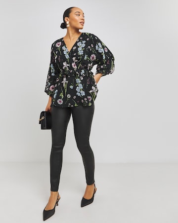 Black Floral Jacquard Long Sleeve Ruffle Detail Wrap Top