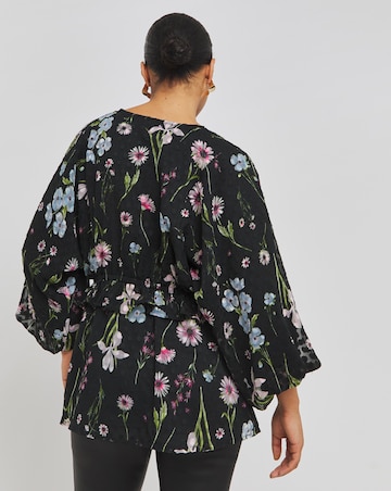 Black Floral Jacquard Long Sleeve Ruffle Detail Wrap Top