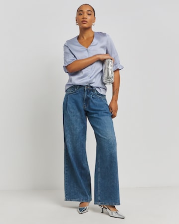 Blue Button Through Short Sleeve Satin Blouse