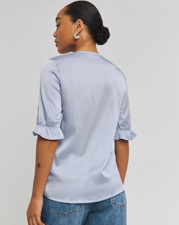 Blue Button Through Short Sleeve Satin Blouse