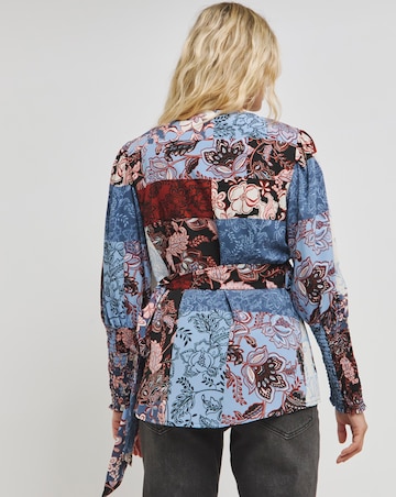 Multi Print Wrap Top with Shirred Cuff