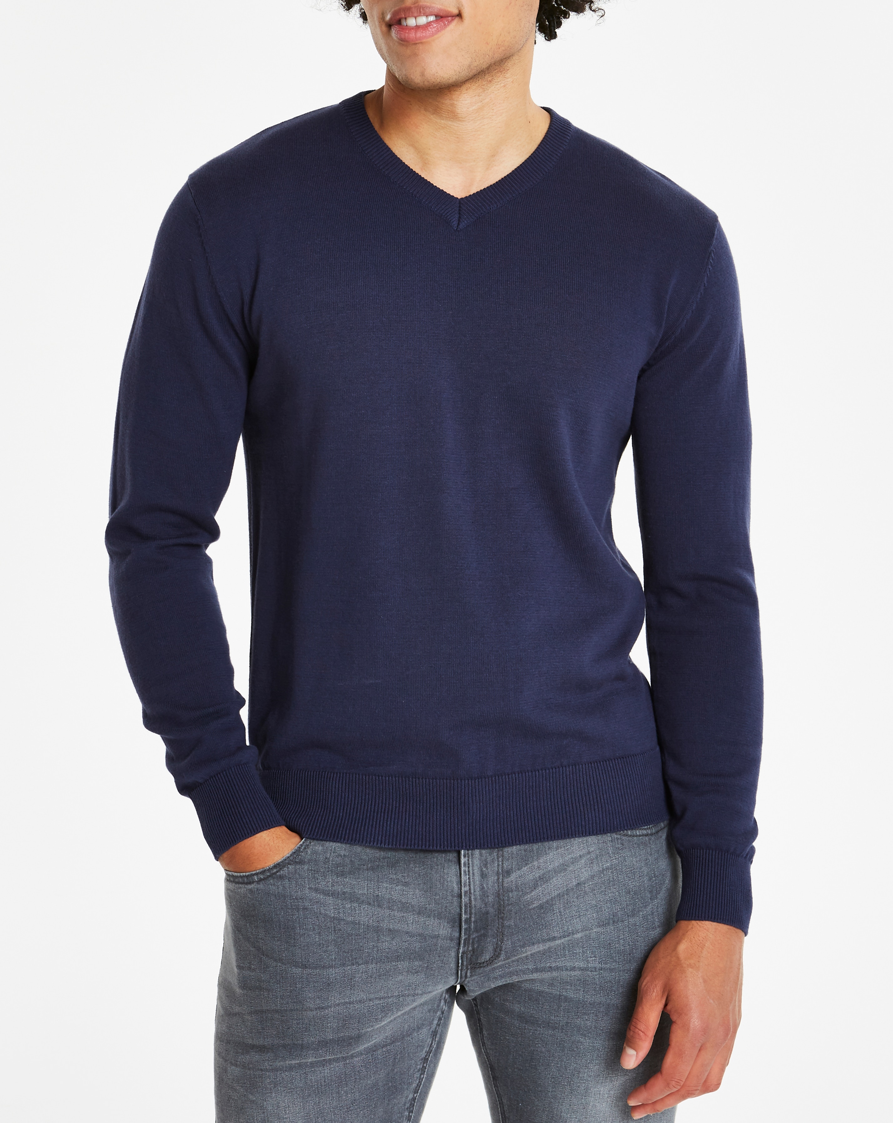 Navy V-Neck Cotton Jumper Long
