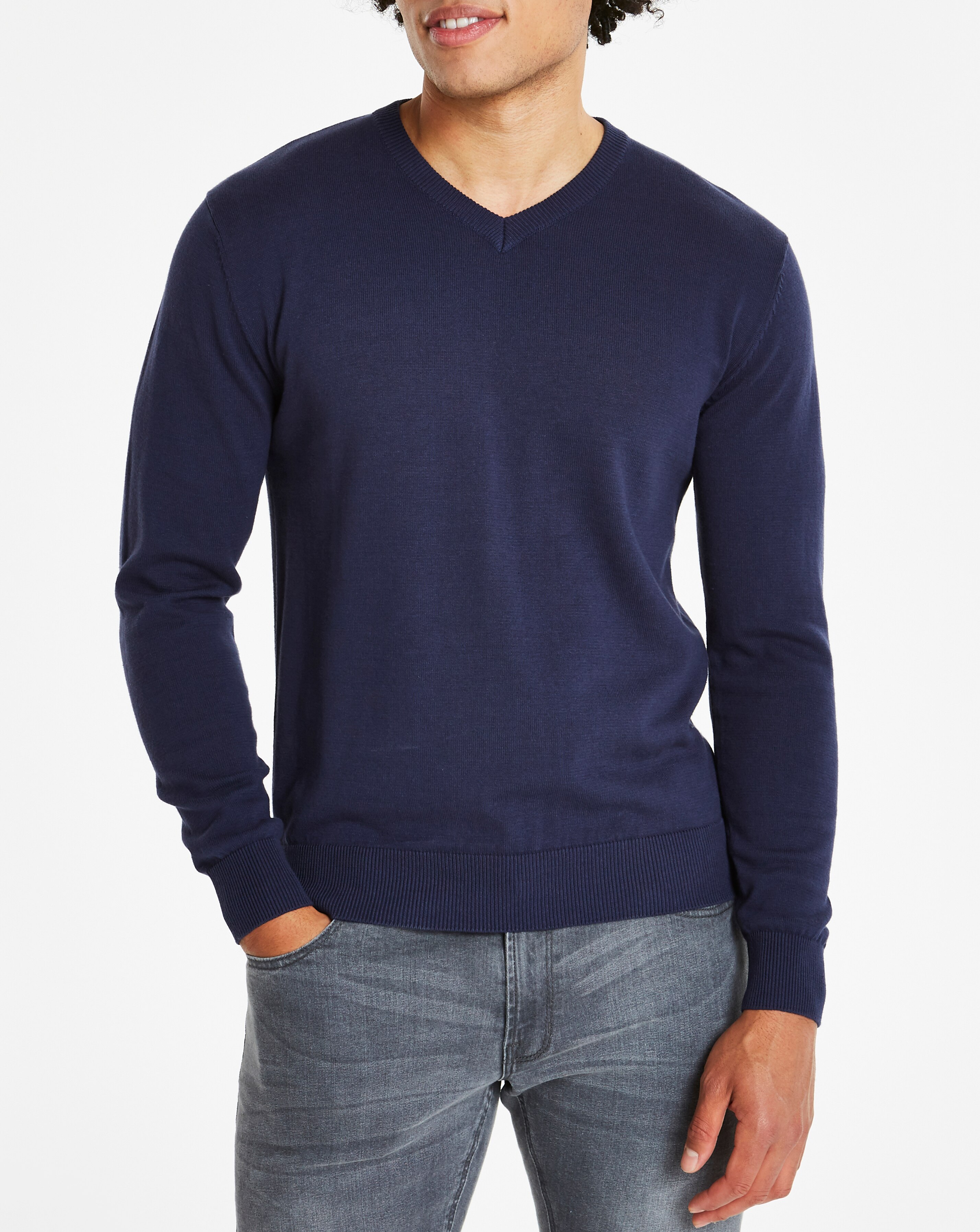 Navy V-Neck Cotton Jumper Long