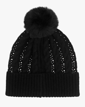 Guess Black Knitted G Logo Diamante Pom Pom Beanie Hat