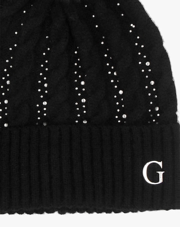 Guess Black Knitted G Logo Diamante Pom Pom Beanie Hat