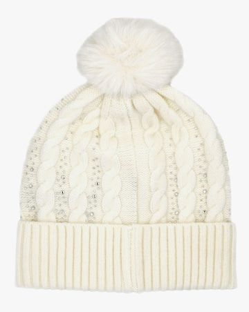 Guess Cream Knitted G Logo Diamante Pom Pom Beanie Hat