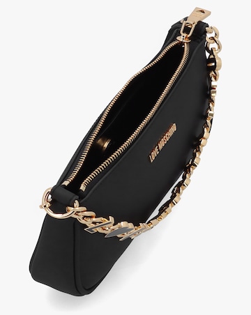 Love Moschino Dangling Logo Chain Black Leather Shoulder Bag