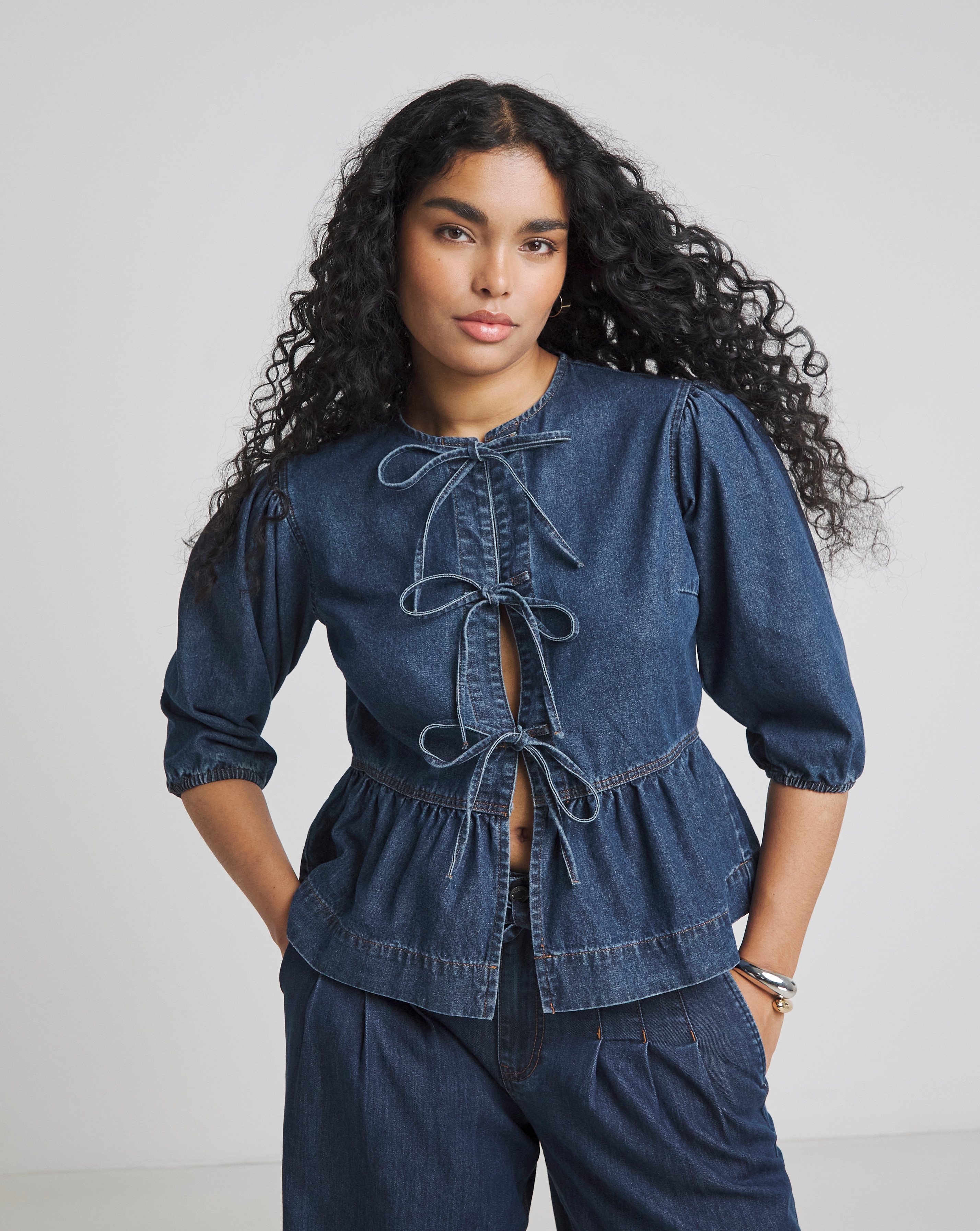 Simply Be Dark Blue Tie Front Denim Peplum Blouse | JD Williams