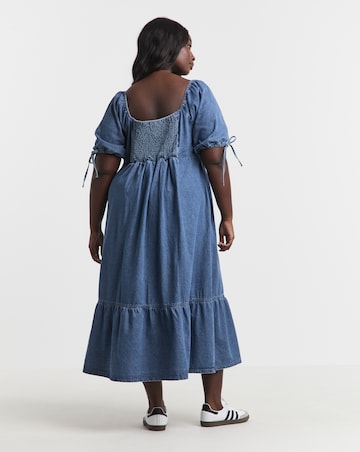 Simply Be Mid Wash Midi Shirred Denim Smock Dress