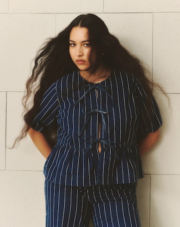 Simply Be Striped Blue Tie Front Denim Peplum Blouse