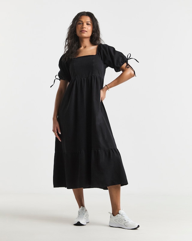 Simply Be Black Midi Shirred Denim Smock Dress