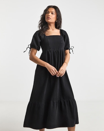 Simply Be Black Midi Shirred Denim Smock Dress