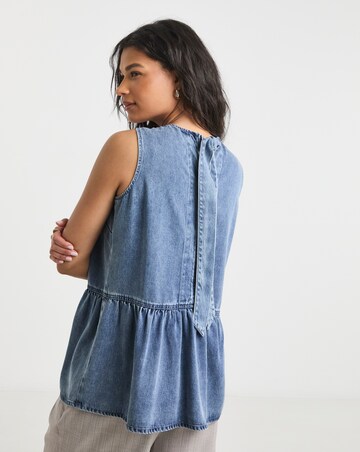Mid Blue Peplum Sleeveless Denim Top with Tencel TM