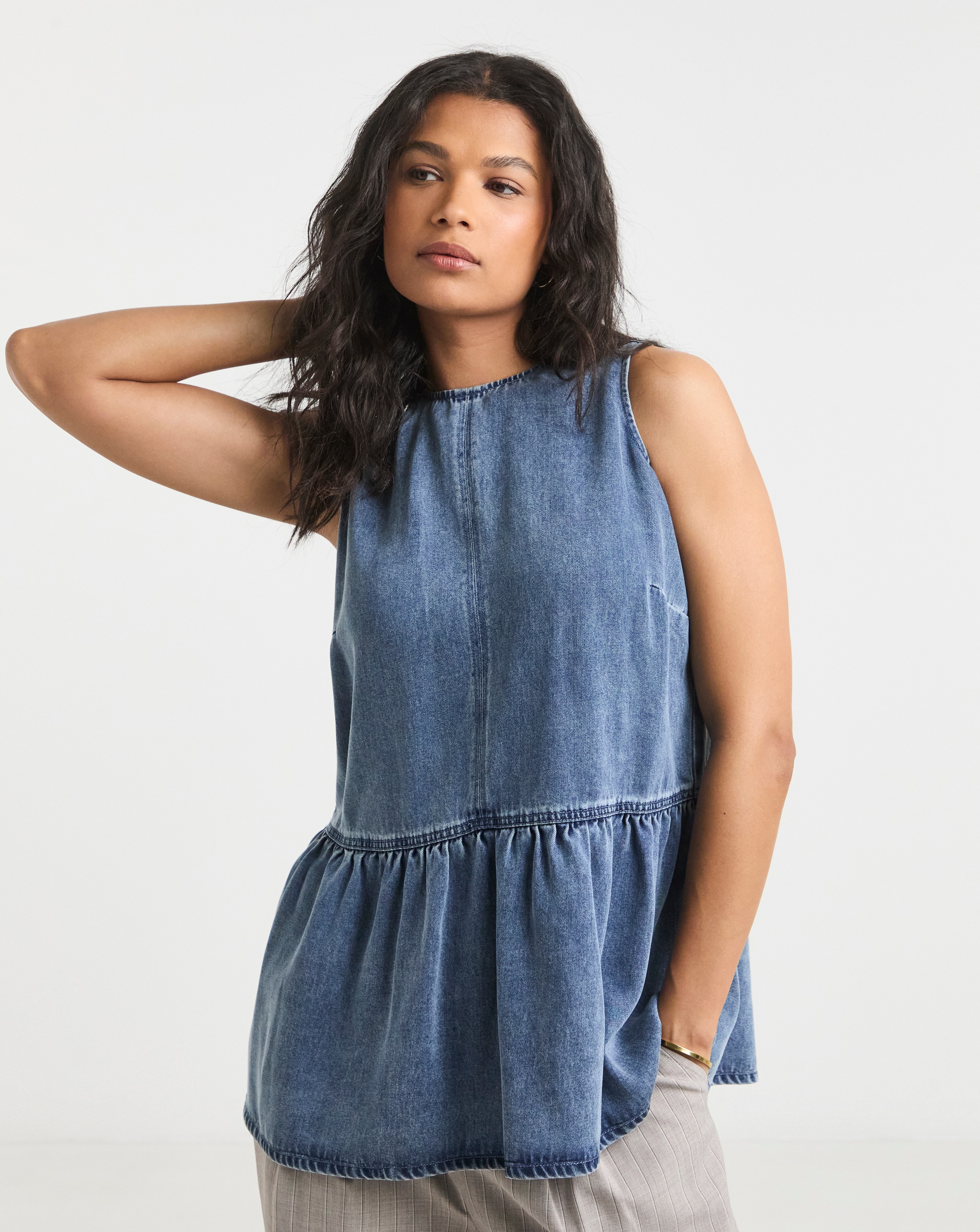 Mid Blue Peplum Top with Tencel TM