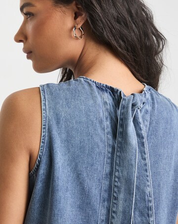 Mid Blue Peplum Sleeveless Denim Top with Tencel TM