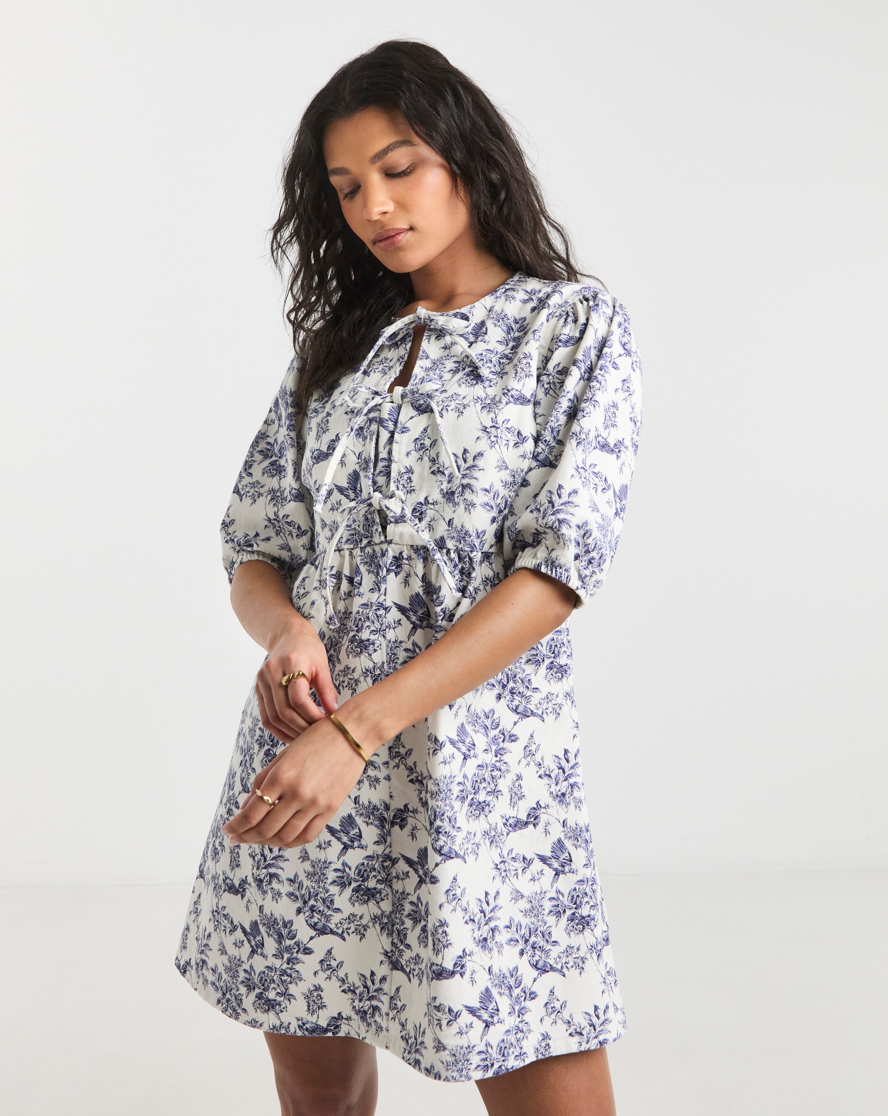 Blue Mix Floral Tie Front Denim Dress