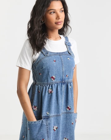 Simply Be Mid Blue Floral Embroidered Denim Apron Dress