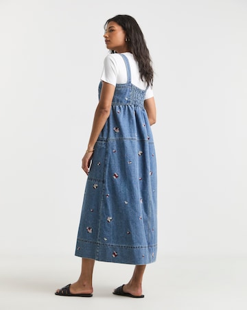 Simply Be Mid Blue Floral Embroidered Denim Apron Dress