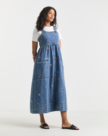 Simply Be Mid Blue Floral Embroidered Denim Apron Dress