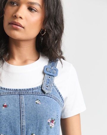 Simply Be Mid Blue Floral Embroidered Denim Apron Dress