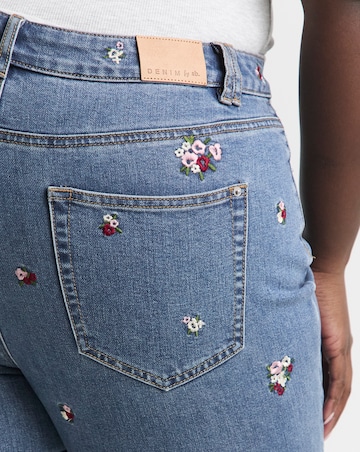 Mid Blue Floral Embroidered Slim Mom Jeans