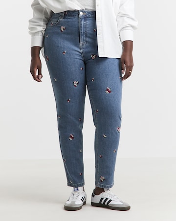 Mid Blue Floral Embroidered Slim Mom Jeans