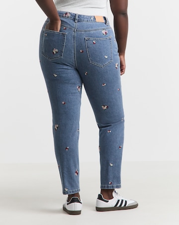 Mid Blue Floral Embroidered Slim Mom Jeans
