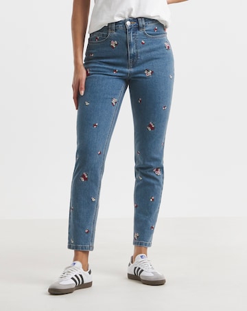 Mid Blue Floral Embroidered Slim Mom Jeans