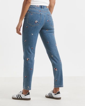 Mid Blue Floral Embroidered Slim Mom Jeans