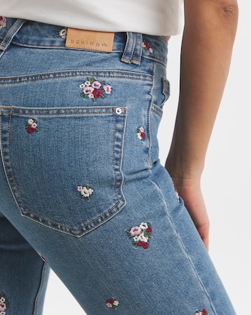 Mid Blue Floral Embroidered Slim Mom Jeans