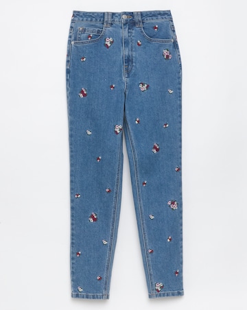 Mid Blue Floral Embroidered Slim Mom Jeans