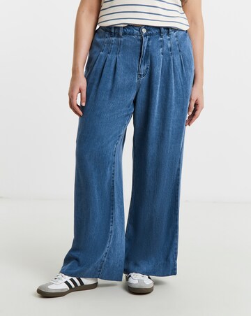 Simply Be Mid Blue Pleat Detail Lyocell Wide Leg Jeans