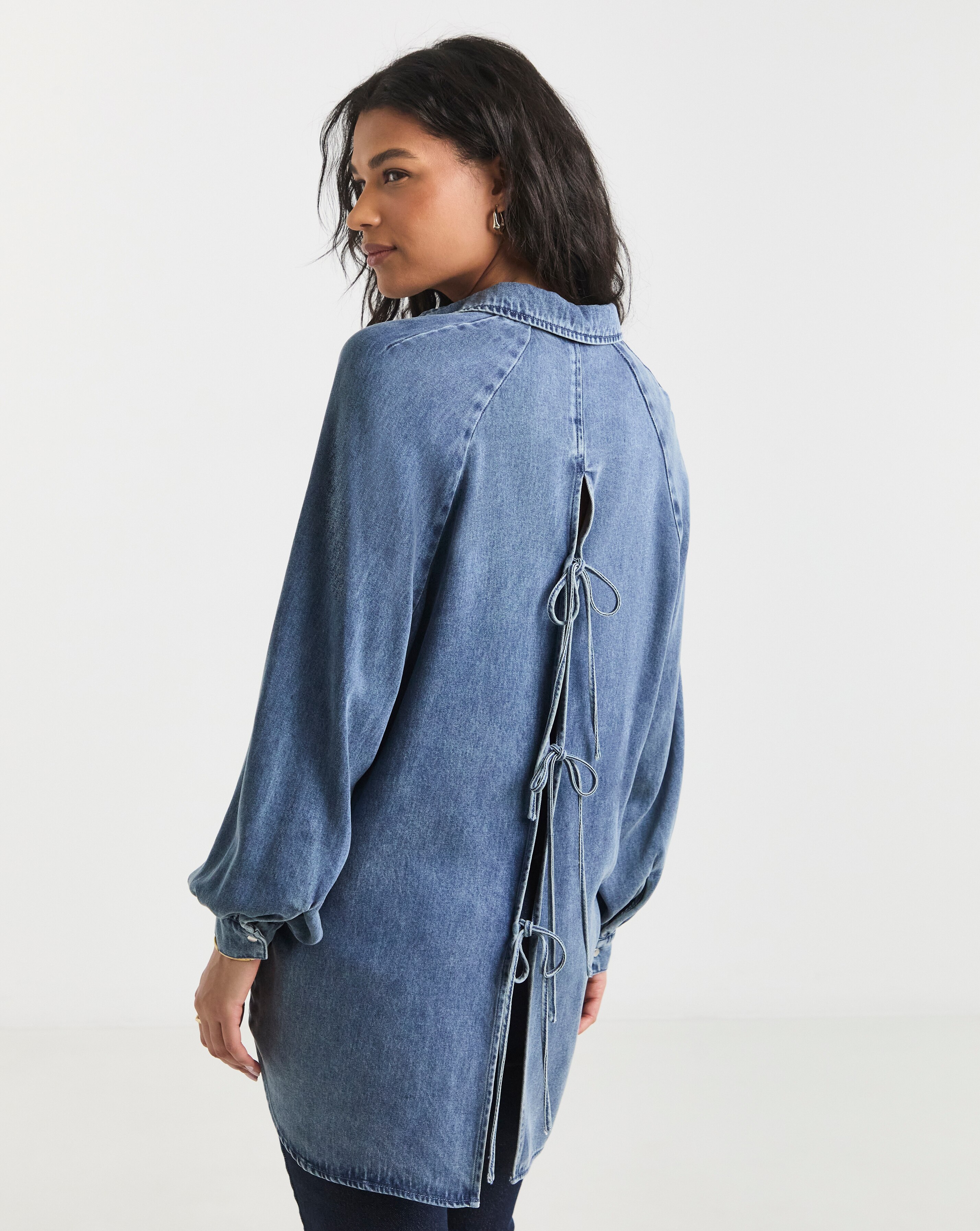 SBE Light Wash Open Back Denim Shirt