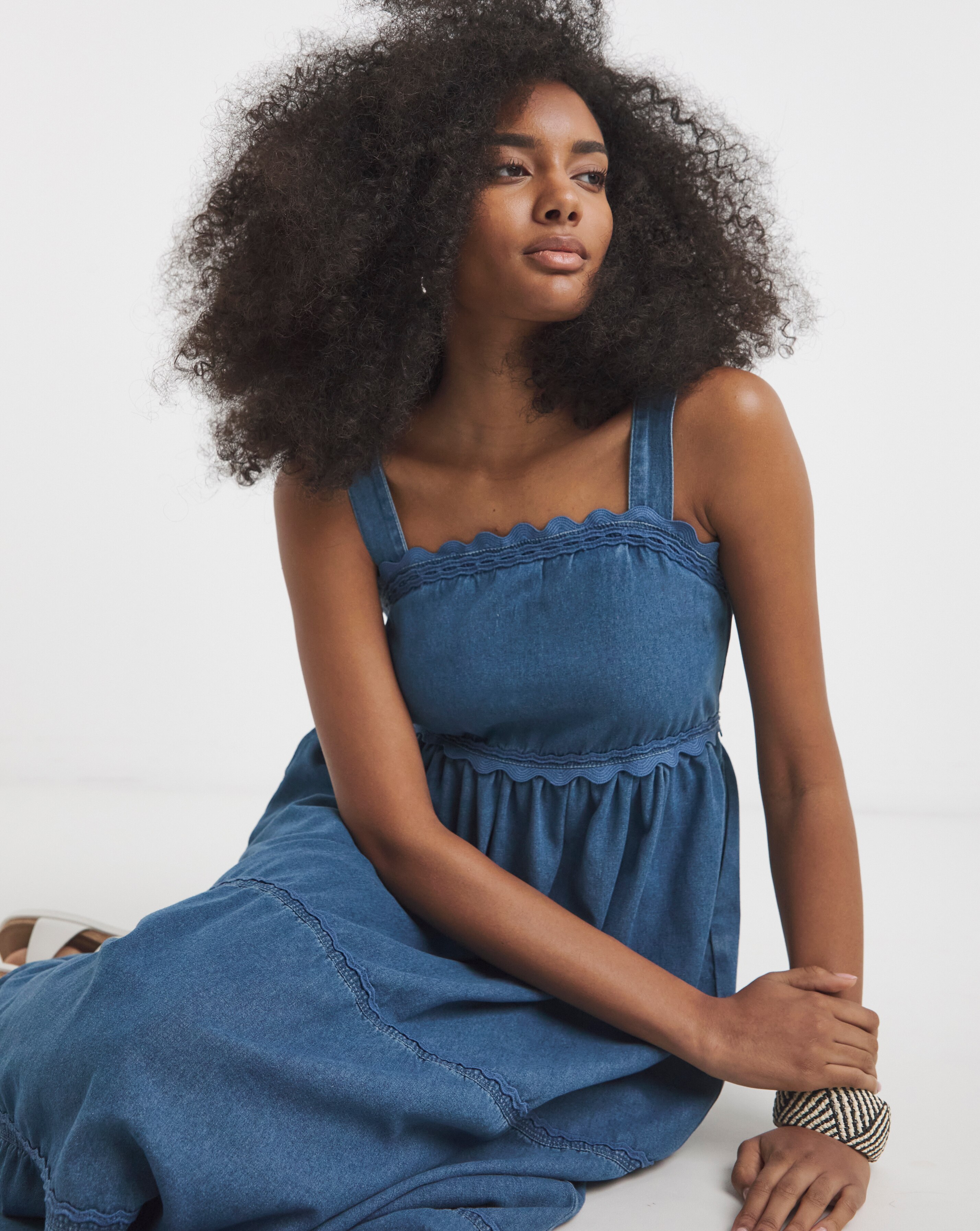 Simply Be Mid Blue Ric Rac Detail Denim Midaxi Sun Dress | JD Williams