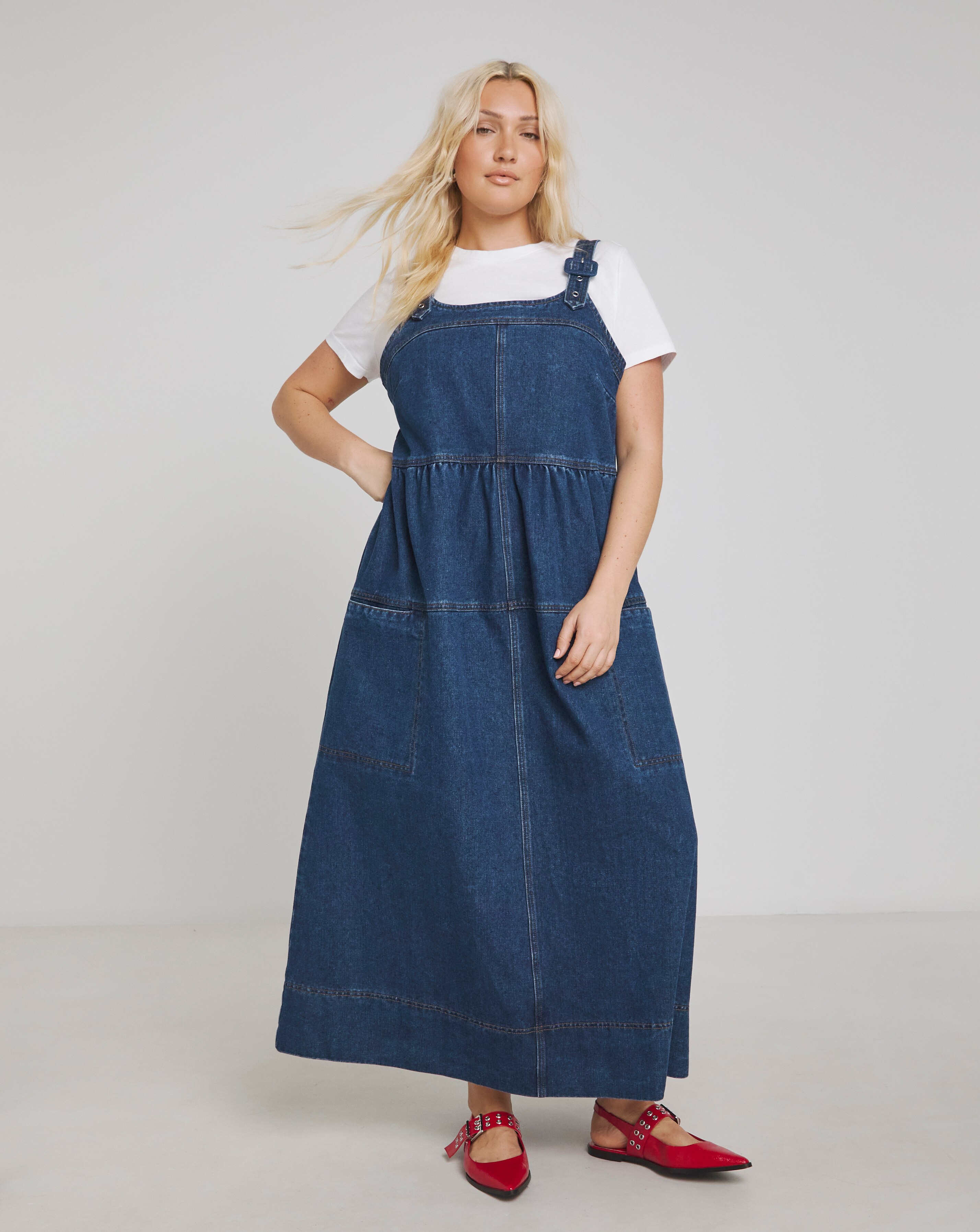 Simply Be Mid Blue Denim Covered Buckle Dungaree Midaxi Dress