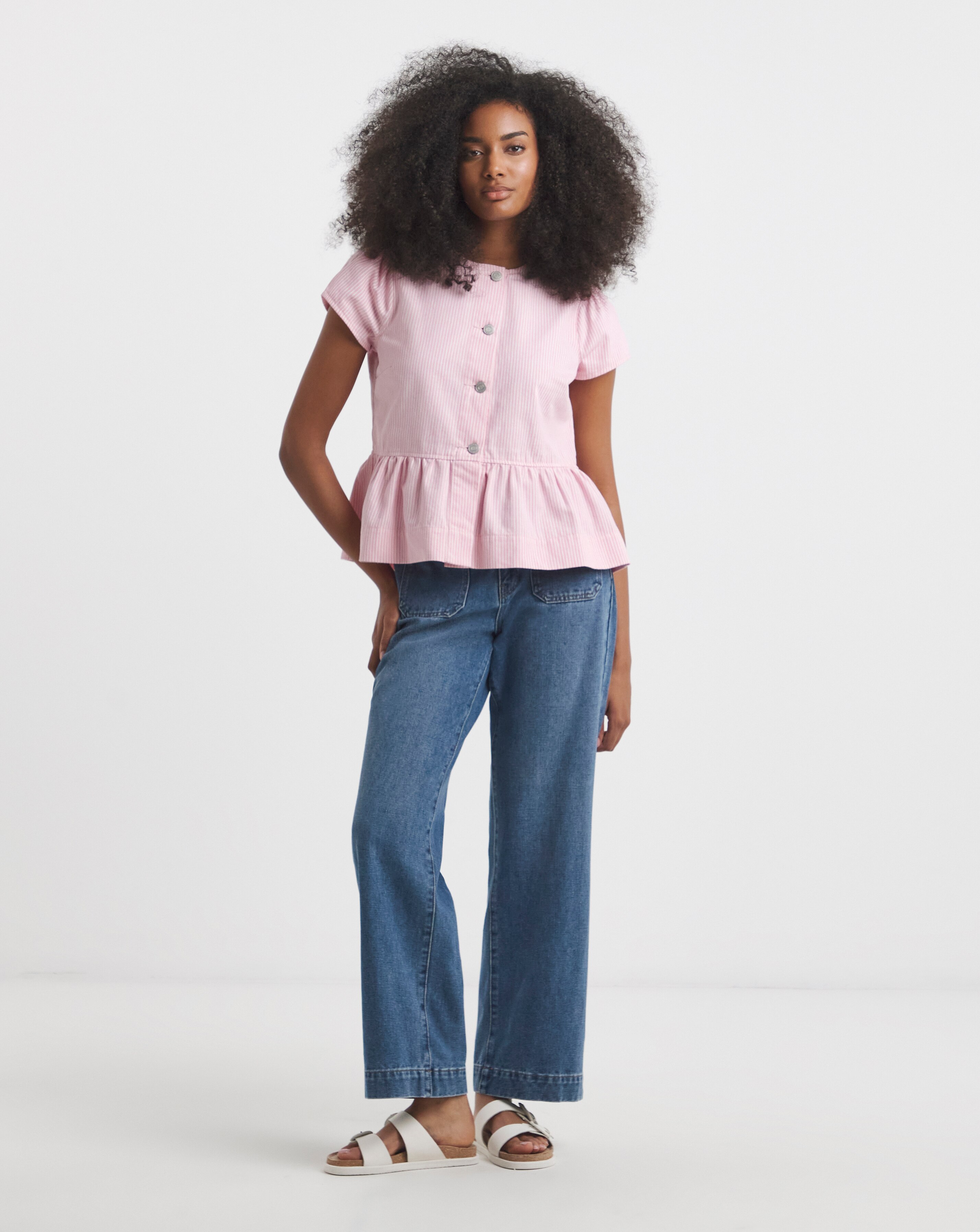 Simply Be Pink Stripe Denim Button Up Peplum Top | JD Williams