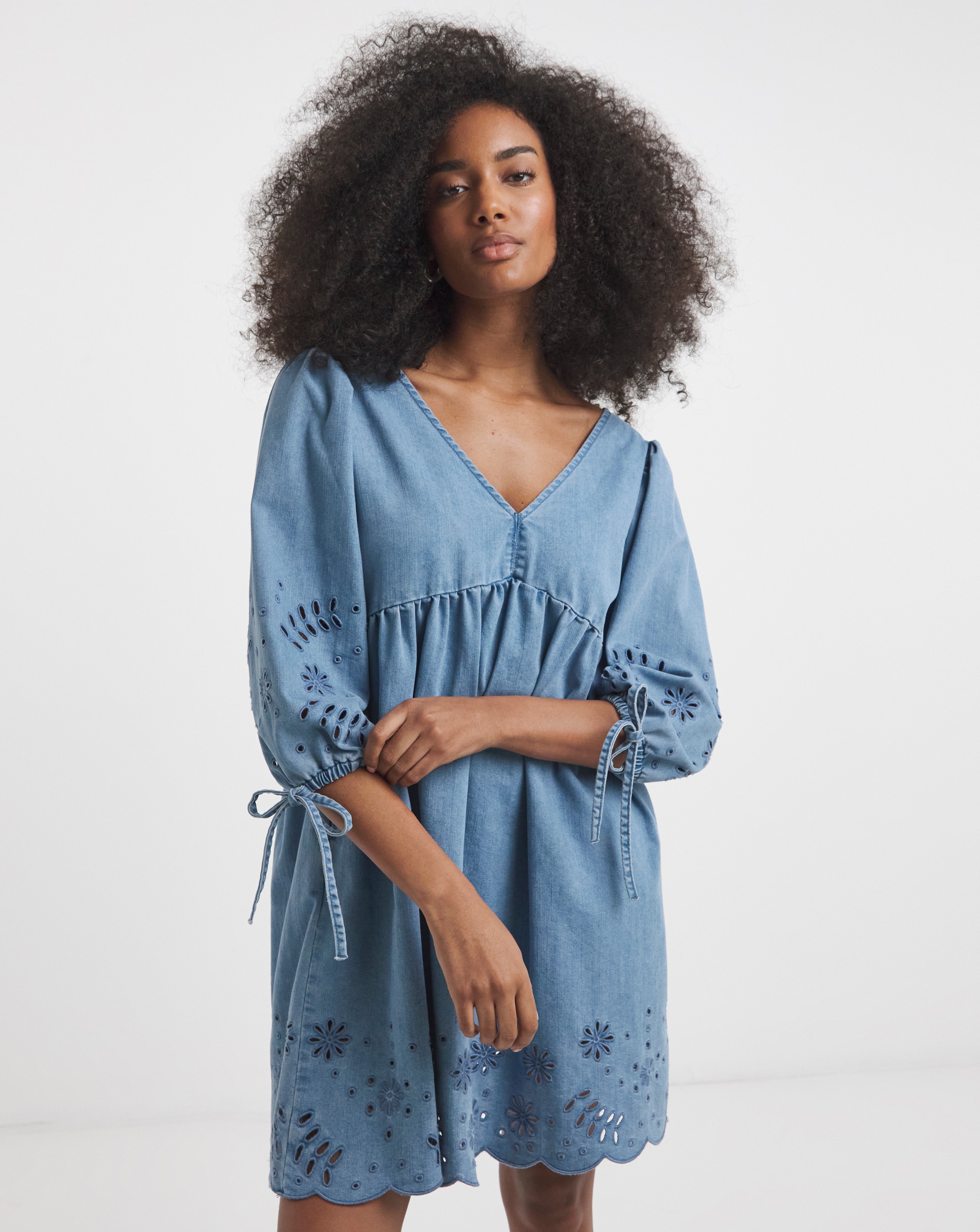 SBE Mid Wash Cutwork Denim Mini Dress