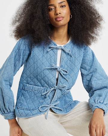 Mid Blue Quilted Tie Front Denim Jacket
