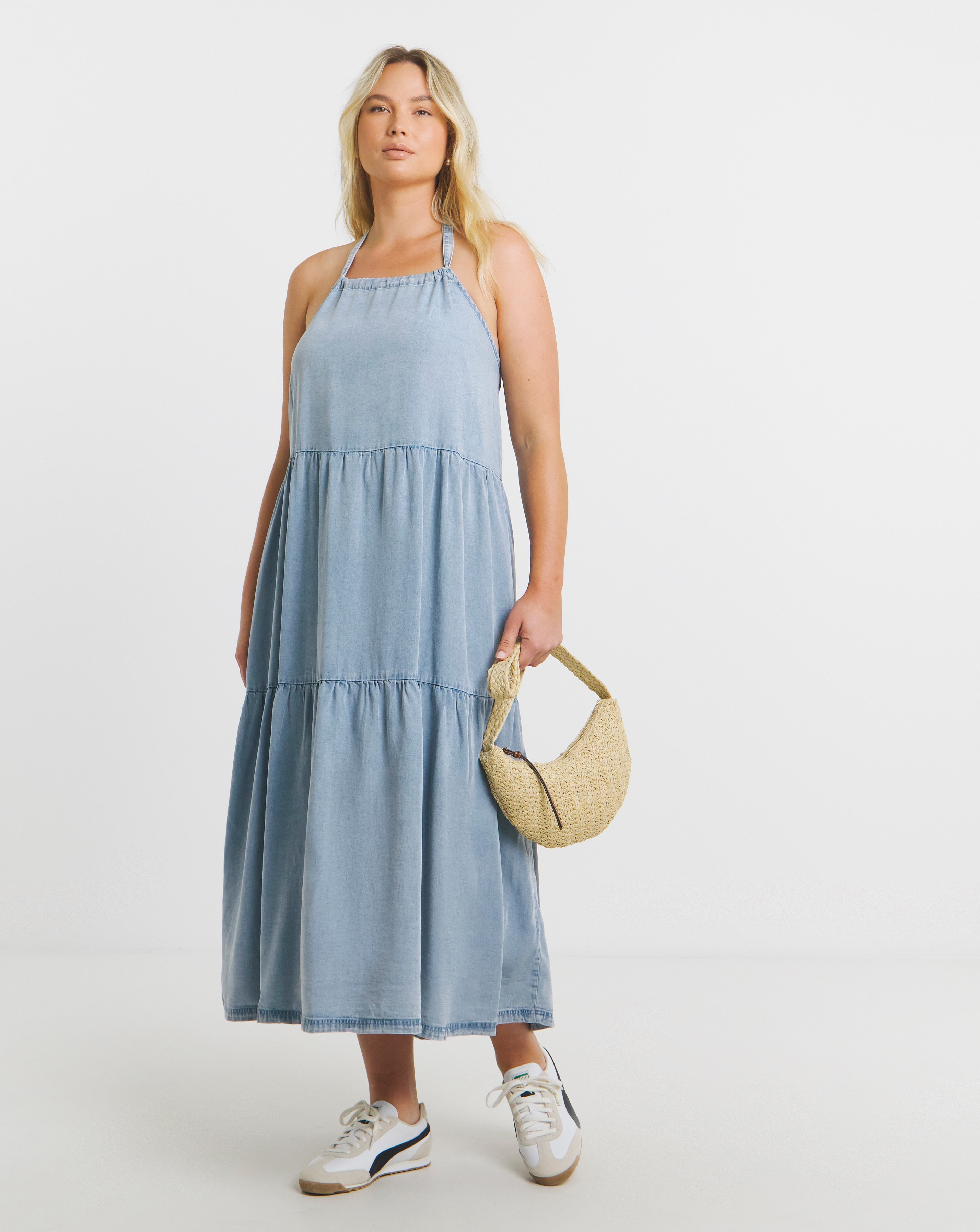 Blue Halter Tiered Maxi Dress