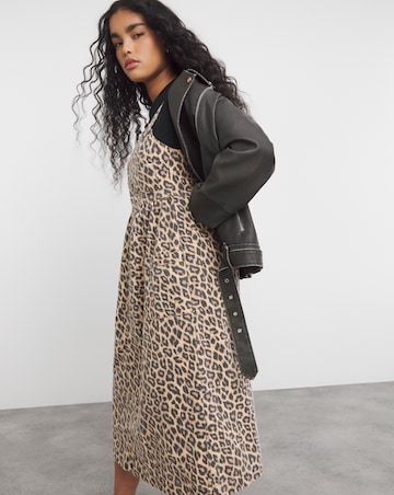 Leopard Print Midaxi Denim Pinafore Dress