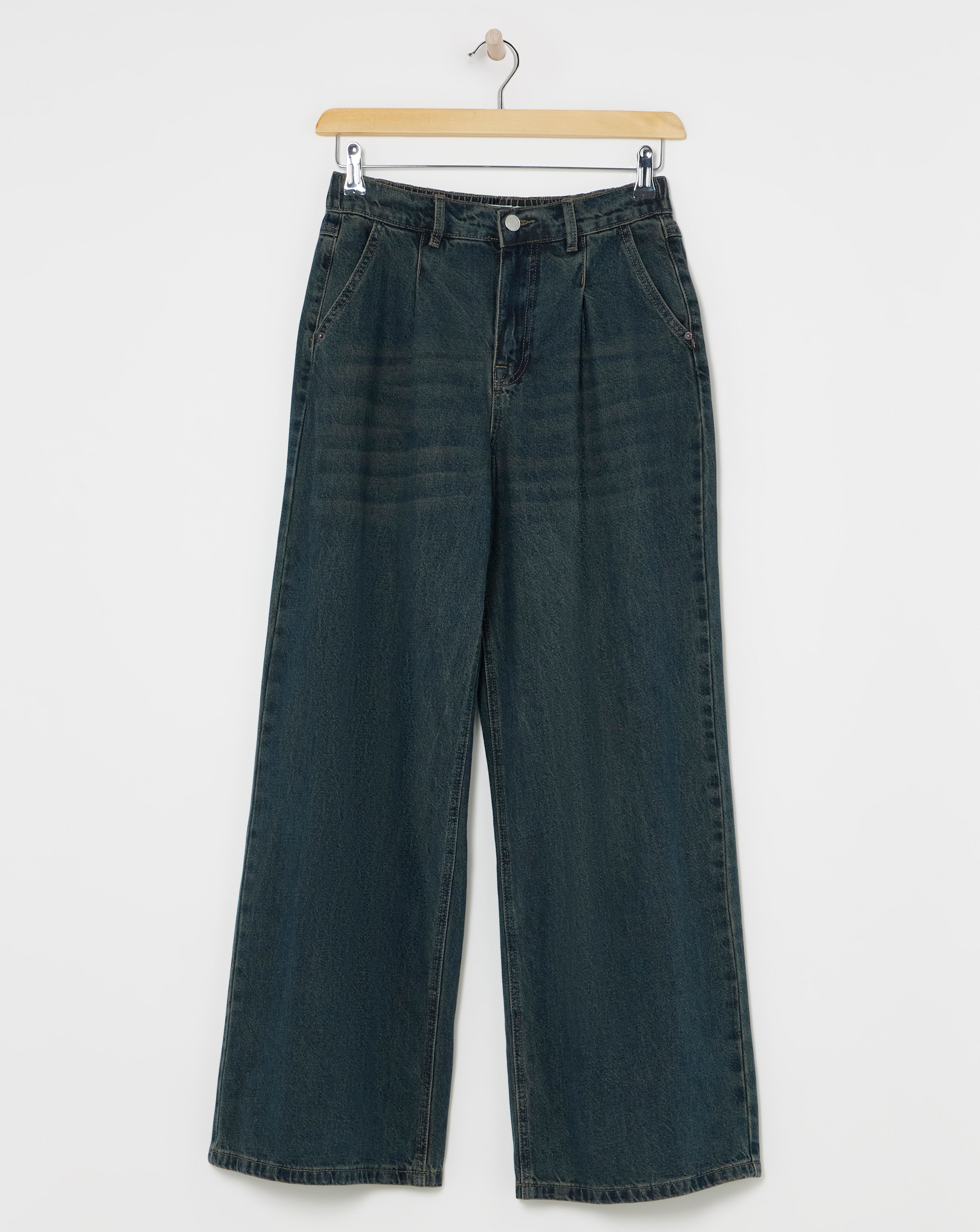 Green Cast Pleat Detail Wide Leg Jean