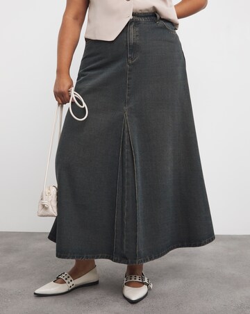 Dark Wash Box Pleat Maxi Denim Skirt