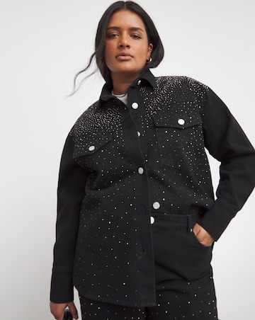 Black Embellished Oversized Denim Shirt