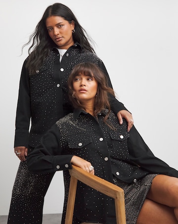 Black Embellished Oversized Denim Shirt