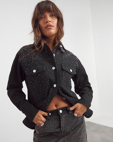 Black Embellished Oversized Denim Shirt