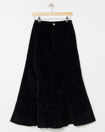 Black Cord Fit and Flare Denim Maxi Skirt